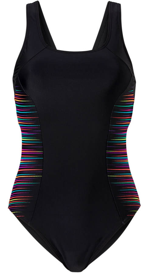 Černé dámské plavky s drobnými barevnými proužky