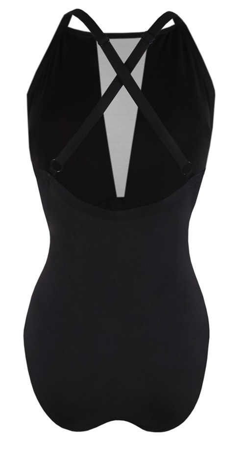 Černé jednodílné plavky pro silnější postavy s překříženými ramínky na zádech