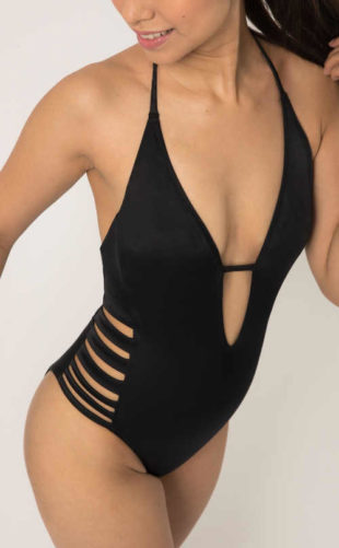 Černé sexy plavky s průstřihy a zavazováním za krk
