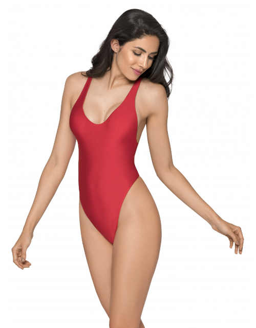 Jednodílné sexy plavky tanga v působivé červené barvě