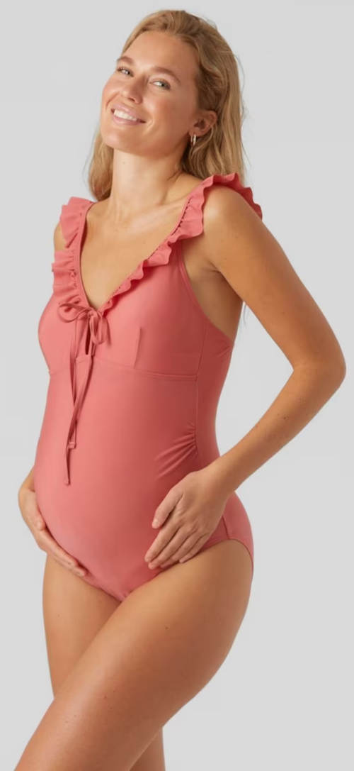 Romantické růžové jednodílné těhotenské plavky s volánky